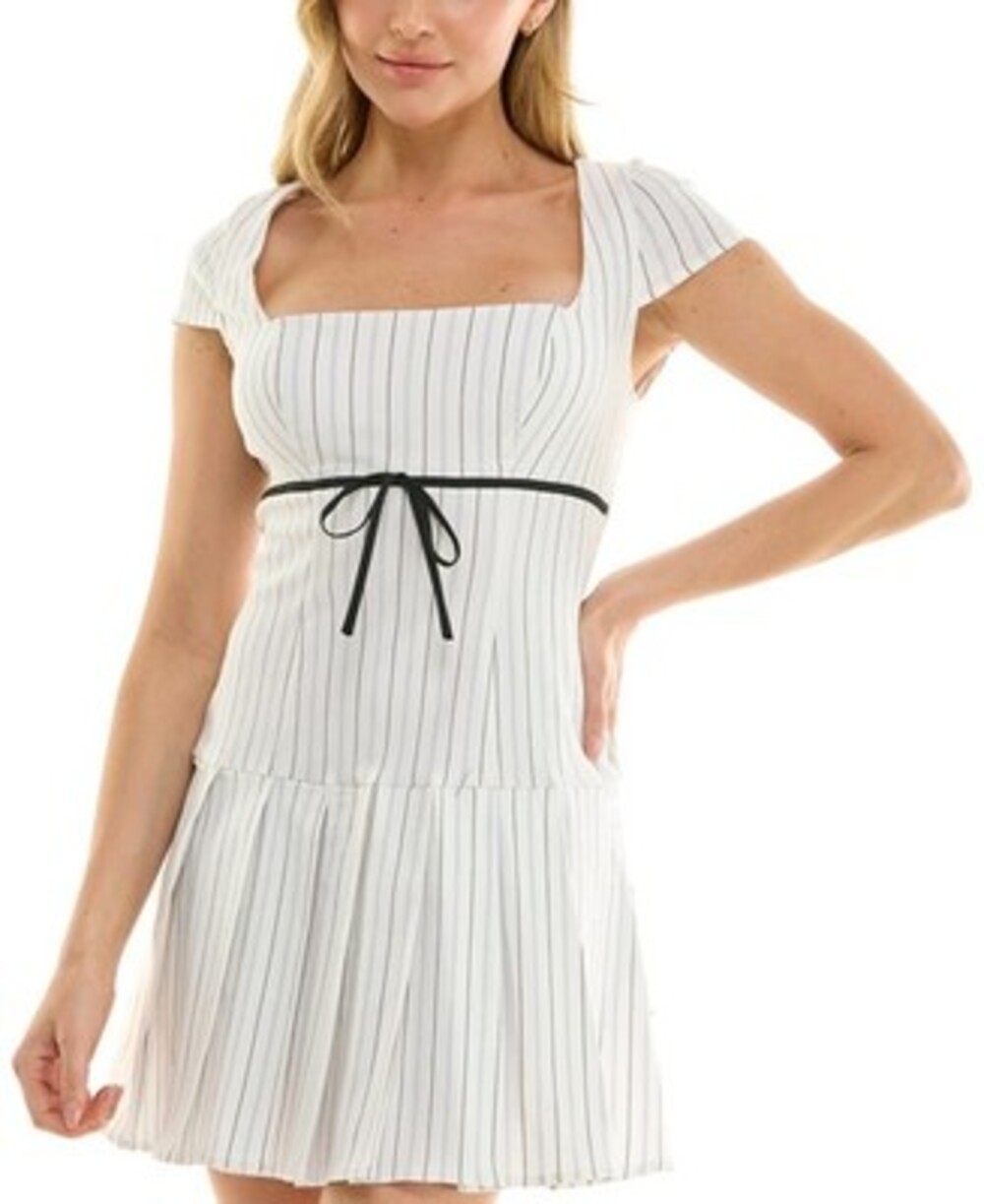 B Darlin Striped Pleated Mini Dress Juniors' 13/14 White Square Neck Back Zip
